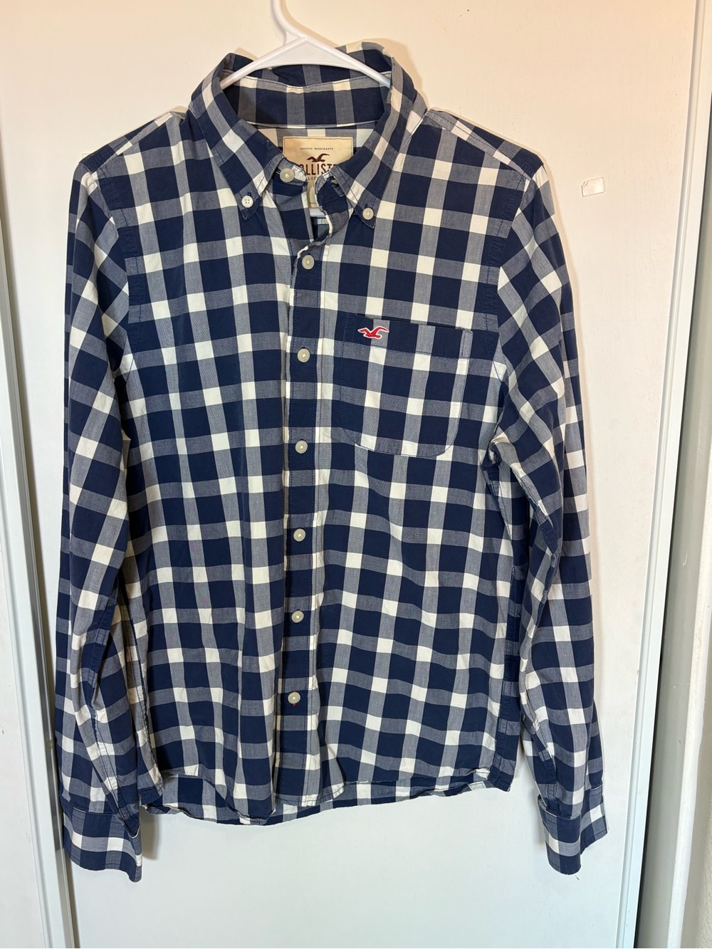 Hollister Men's Plaid Stretch Button-Up Shirt Blue White Long‎ Sleeve M